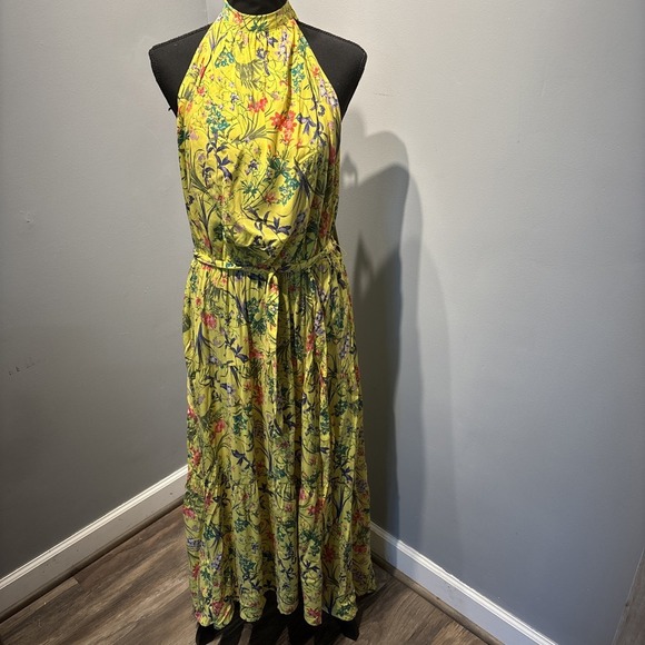 Women's Yellow Tropical Floral‎ Halter Maxi Dress SzXL  Resortwear Flowy Rayon - Picture 1 of 7